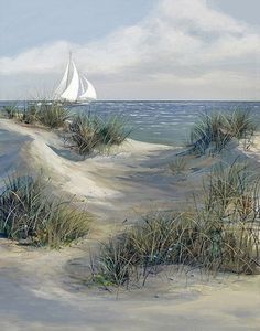 a painting of a sailboat on the beach with sand dunes and grass in front of it