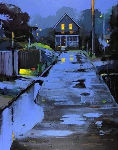 a painting of a street at night with houses in the background and rain on the ground