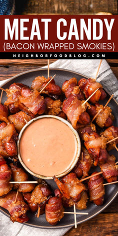 Serve bacon-wrapped smokies as a delicious game-day recipe! This meat candy is a must for your snack idea for a party or as a yummy appetizer. Impress everyone with tasty sweet and smoky bacon wraps for the holidays or any event you can think of! Brunch Food Menu Ideas, Cocktail Wieners Wrapped In Bacon, Bacon Wrapped Smokies Oven, Meat Based Appetizers, Bacon Wrapped Smokies With Brown Sugar, Bacon Wrapped Smokies Crockpot, Lil Smokies Wrapped In Bacon, Brown Appetizers, Protein Appetizers For Party