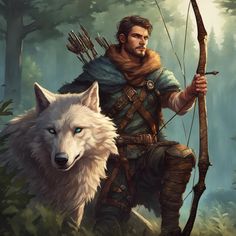 a man with a bow and arrow next to a white wolf in the middle of a forest