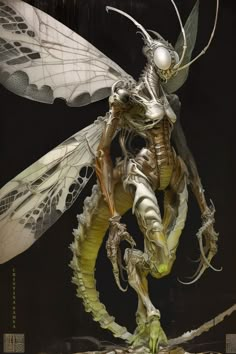 a statue of a creature with wings on it's head and legs, standing in front of a black background