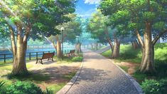 a painting of a park with benches and trees on either side of the path that leads to a body of water