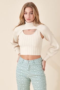 Ivory Sweater Knit Top With Cutout Turtleneck. + TURTLE NECK + CUT OUT CROPPED TOP + LONG SLEEVE Steve Madden Mules, Eyewear Kids, Ivory Sweater, Cool Breeze, Blouse Short Sleeve, Jumpsuit Shorts Rompers, Sweater Knit, Short Rompers, Cropped Top