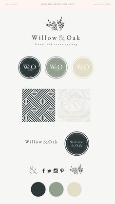 the logo for willow & oak is shown in black, white and grey colors with different designs