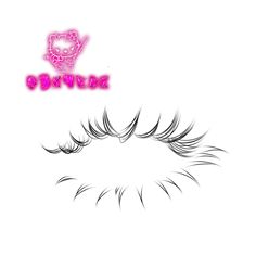 an eye with long eyelashes and pink lettering