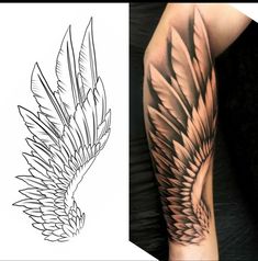 an arm tattoo with black and white lines on the left side of it, next to a drawing of a bird's wing