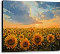 a painting of sunflowers in a field under a cloudy sky with the sun going down