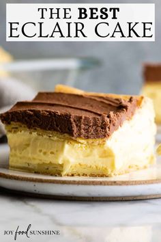 the best eclair cake on a plate with text overlay that reads, the best eclair cake