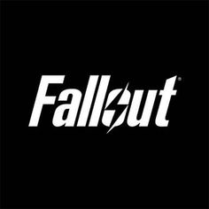 the logo for fall out is shown on a black background with white letters and an arrow