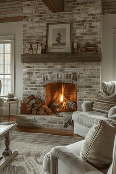 a living room filled with furniture and a fire place in the middle of it's fireplace