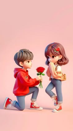 two children kneeling down and one holding a flower in front of the other, both looking at each other