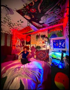 a woman standing on top of a bed in a room filled with furniture and decorations