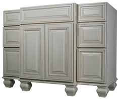 a white cabinet with four doors and two drawers on each side, in front of a white background