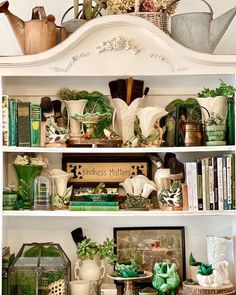 a white bookcase filled with lots of green plants and potted plants on top of it