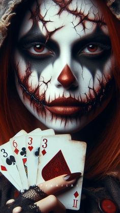 a woman in makeup holding playing cards and looking at the camera with her face painted white