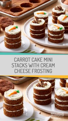 carrot cake mini stacks with cream cheese frosting on white plates next to other cakes