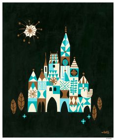 an image of a castle that is painted in blue and brown colors with stars above it