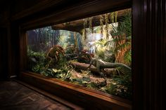 an image of dinosaurs in the jungle through a glass window with plants and trees on it