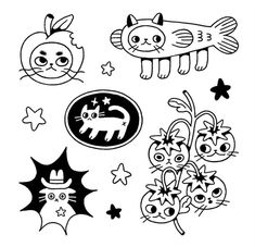 an image of cartoon animals and stars on a white background, with black outlines