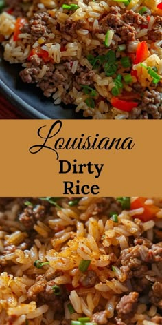 a close up of rice on a plate with the words louisiana dirty rice above it