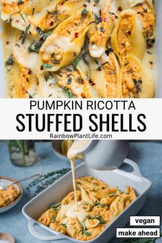 The ULTIMATE fall comfort food, these vegan Pumpkin Ricotta Stuffed shells are cheesy, creamy, chewy, and garlicky. Made with a homemade vegan ricotta spread, pumpkin, and the best garlic Alfredo sauce, you'll never be able to put your fork down! #stuffedshells #veganthanksgiving #vegancomfortfood #rainbowplantlife Vegan Meals For Two, Vegan Stuffed Pasta Shells, Tofu Ricotta Stuffed Shells, Meatless Comfort Food, One Pot Vegan Recipes, Vegan Harry Potter Recipes, Autumn Vegan Recipes, Clean Vegan Meals, Ricotta Spread