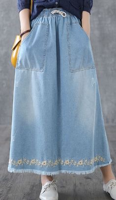 Denim Casual Cotton loose fitting Women's Skirts DZA200632 Casual Non-stretch Skirt With Pockets, Casual Baggy Skirt For Spring, Casual Non-stretch Skirt With Elastic Waistband, Spring Baggy Lined Maxi Skirt, Knee-length Relaxed Denim Skirt With Pockets, Relaxed Knee-length Denim Skirt With Pockets, Casual Knee-length Relaxed Fit Skirt, Casual Non-stretch Maxi Skirt, Casual Relaxed Fit Long Maxi Skirt