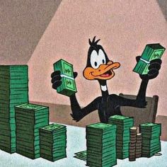 a cartoon duck sitting on top of stacks of money with one hand in the air