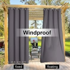 an open window with the words windproof fixed and floating in front of it on a wooden deck