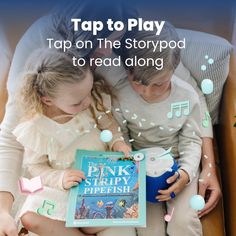 two children sitting on a couch reading a book with the caption tap to play tap on the storybook to read along