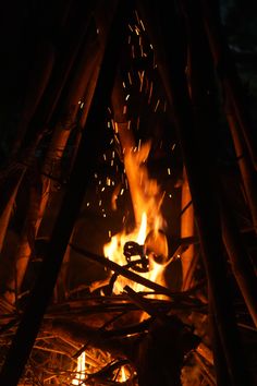 the fire is blazing in the dark with lots of sticks sticking out of it's sides