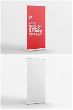 an image of a red roll up sign mockup with white background and text on it