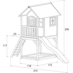 a drawing of a wooden play house with a slide in the front and stairs to the back