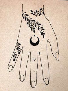 a drawing of a hand with leaves and a crescent on it's middle finger