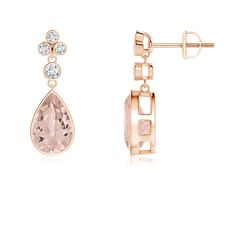 The charming peach morganite is augmented with station diamonds and a trio of diamonds on the top. Crafted in 14K rose gold, these morganite drop earrings reflect oodles of elegance. The bezel setting of the teardrop gemstones and the round diamonds blend sophistication with extravagance in a remarkable way. Morganite Earrings, Peach Morganite, Morganite, Teardrop Earrings, Bezel Setting, 18k Rose Gold, Round Diamonds, Diamond Earrings, Platinum