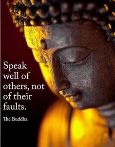 buddha quote about speaking to others on the side of a buddha statue with an orange background