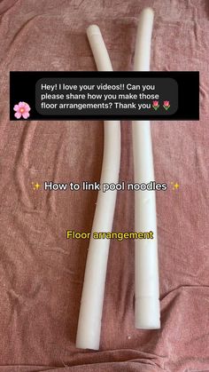 two white candles sitting on top of a bed next to each other with the words, how to link pool noodles?