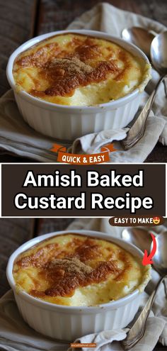 two images of baked custard in a white dish