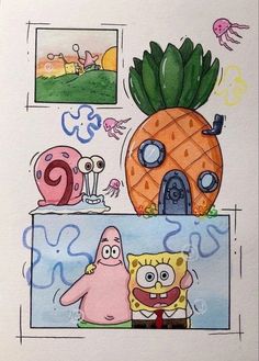 a drawing of spongebob and pineapple with other items in the back ground