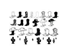 the silhouettes of cowboy boots and hats are shown in various positions, with cactuses around them