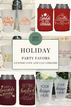 holiday party favors with custom cups and can coolers for your special event or celebration