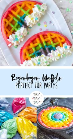 Regenbogen Waffeln für Geburtstage und Partys Rainbow Waffles, Homemade Baby Foods, Rainbow Food, Think Food, Buffet Food, Homemade Baby, Fun Kids Food, Cute Desserts, Kids Snacks