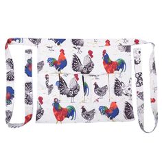 a white bag with chickens and roosters printed on it's front, hanging from the side