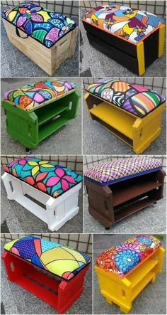 several different types of painted furniture are shown in this collage, including an ottoman and bench