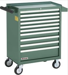 a green tool box on wheels with the top open and two drawers in front of it