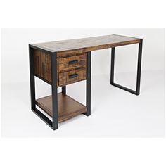 Bring industrial flair into your home without overstating it with Jofran's Loftworks Collection. Warm, distressed wood paired with square, steel legs and accents. This desk features two drawers and an open shelf. Rustic Modern Office, Industrial Pipe Desk, Built In Drawers, Pipe Desk, Space Rugs, Sales Desk, Media Storage, Living Room Accents, Industrial Metal