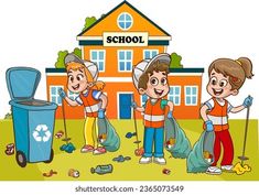 children are cleaning up the yard with garbage bags and trash cans in front of school