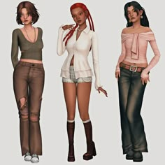 three females are standing next to each other in different outfits and hair styles, one is wearing