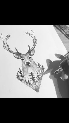 a drawing of a deer with trees on it