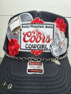 Trucker hat with Coors Cowgirl patch and accessories. You can choose from a red and black or pink and teal color scheme. Trendy Red Hat With Embroidered Logo, Trendy Red Hats With Embroidered Logo, Red Trendy Hats With Embroidered Logo, Trendy Embroidered Trucker Hat, Red Embroidered Snapback Trucker Hat, Trendy Embroidered Snapback Hat, Cutesy Outfit, Teal Color Schemes, Hat Ideas