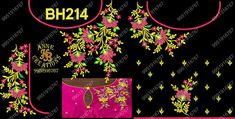 the embroidery design has flowers and leaves in pink, yellow and green on black background